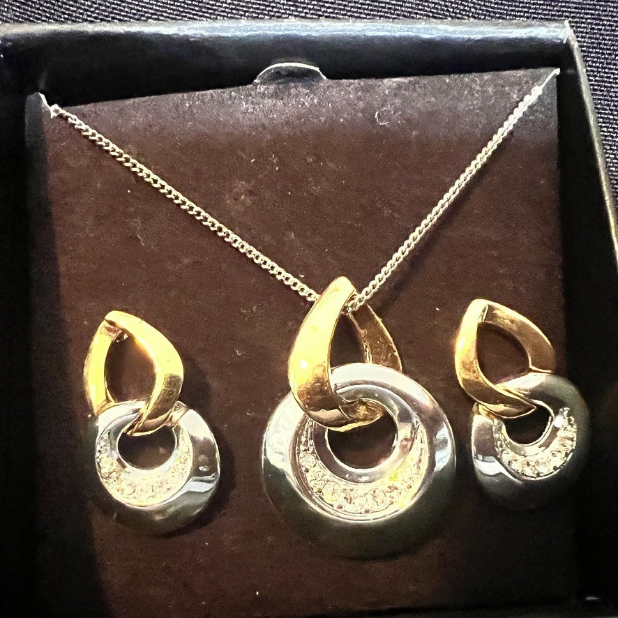 SAC Two Tone Necklace Earring Set NOS Vintage 1990s Silver Gold Tone Crystal