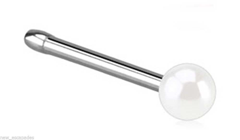 Nose Bone Ring Pearl White 2mm Head 20 Gauge 1/4″ Steel