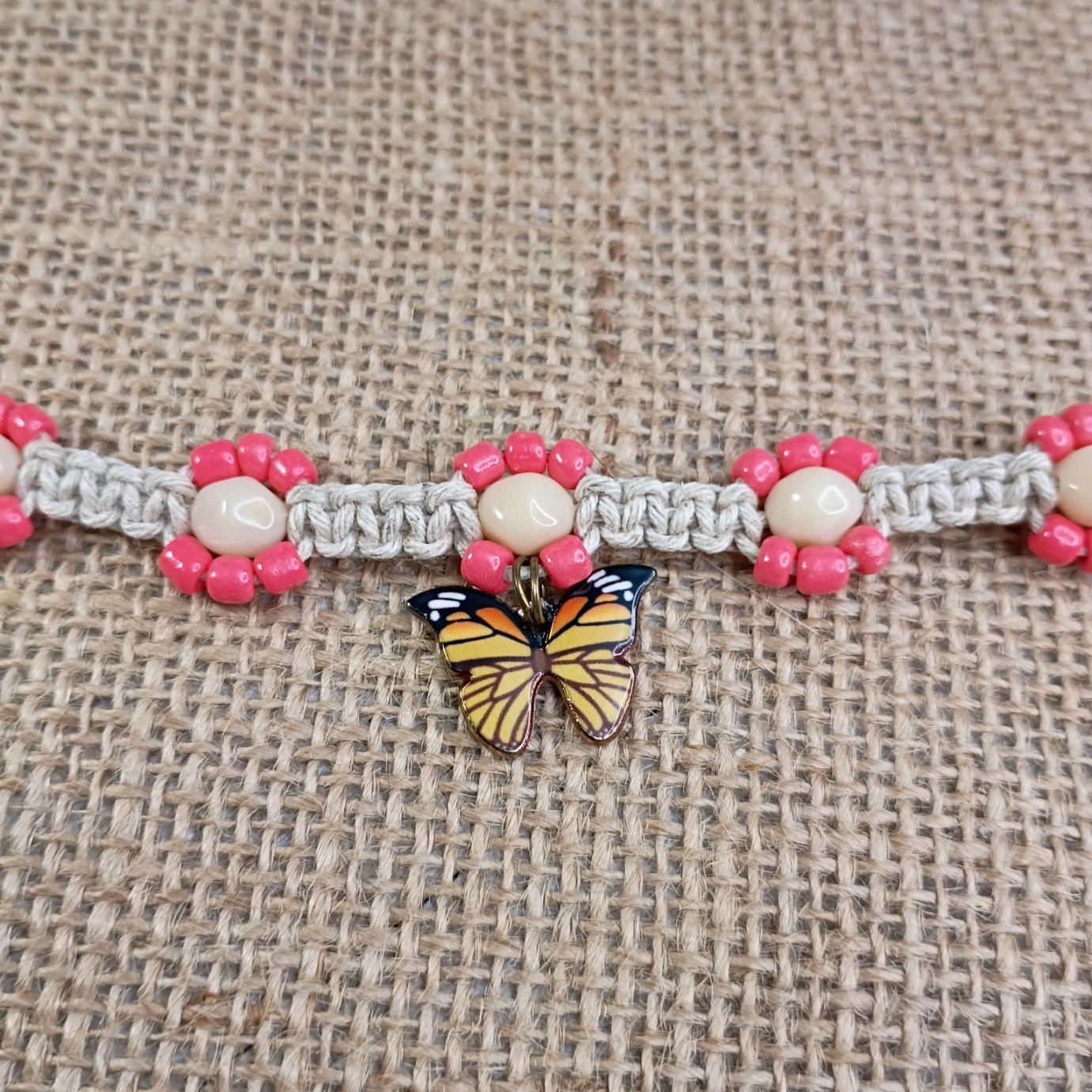 Natural Hemp Necklace w/ Butterfly Charm & Glass Beads, 17-22 inch Ready to Ship