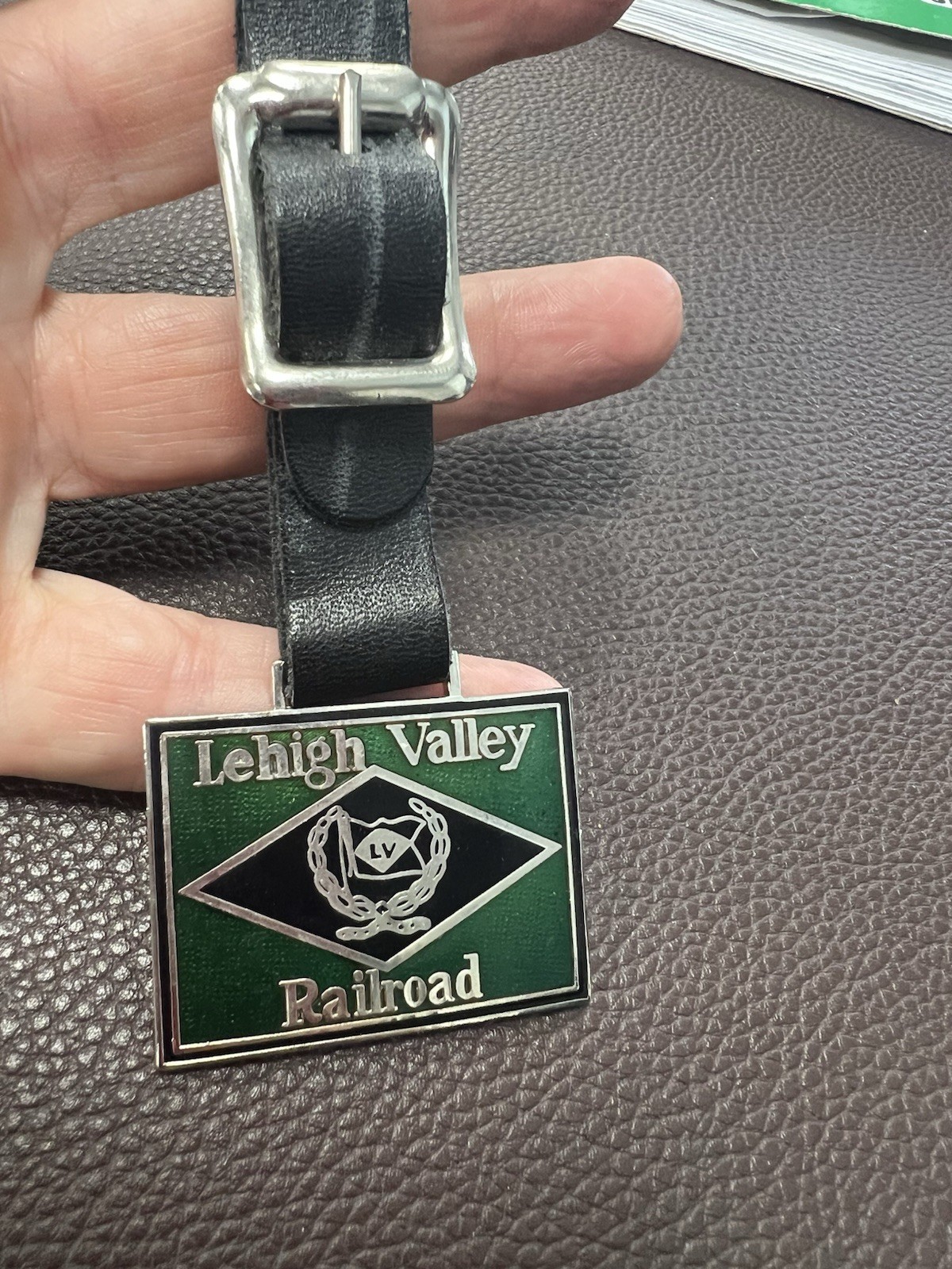 Lehigh Valley Railroad Metal Enamel Pocket Watch Fob, Green/Black, Leather Strap