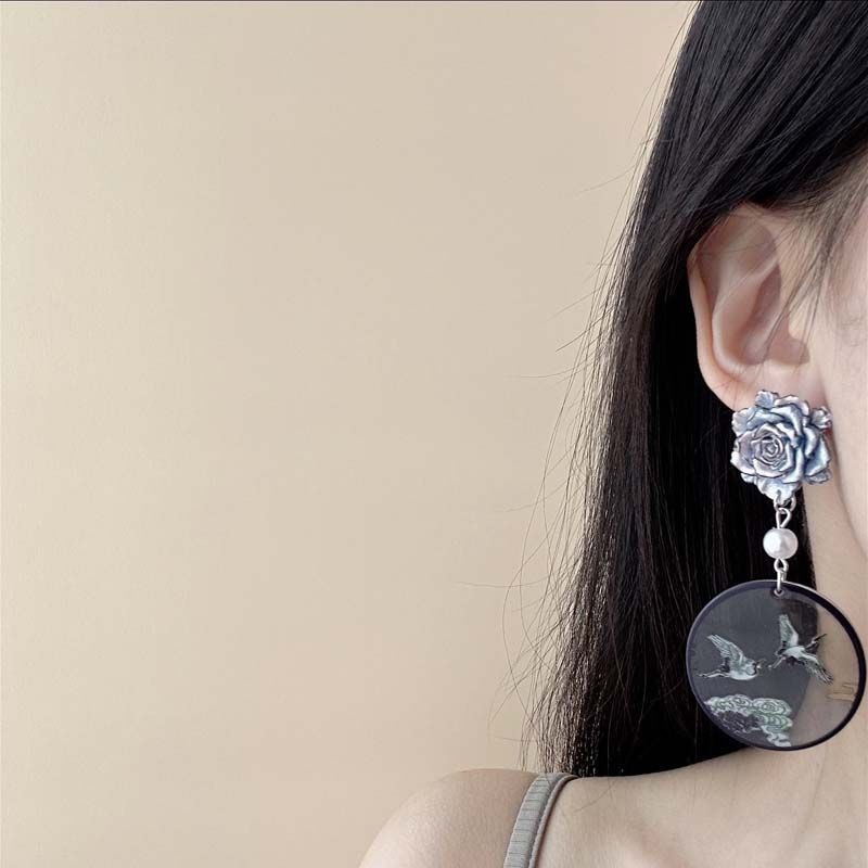 New Blue Rose Crane Earrings Chinese Earrings for Women