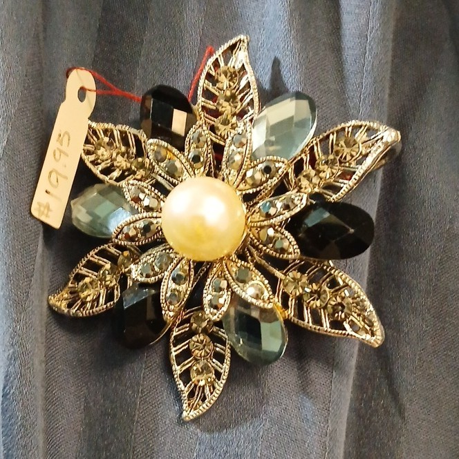 SilverTone Flower Brooch Pin Faux Pearl Center Black Gray Rhinestone Metal
