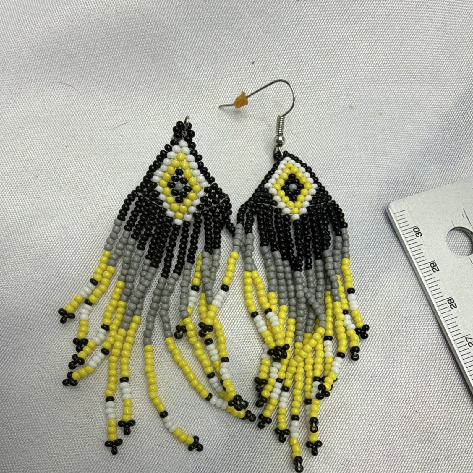 Handmade Seed Bead Fringe Earrings Yellow Black Gray Boho Tribal Dangle Earrings