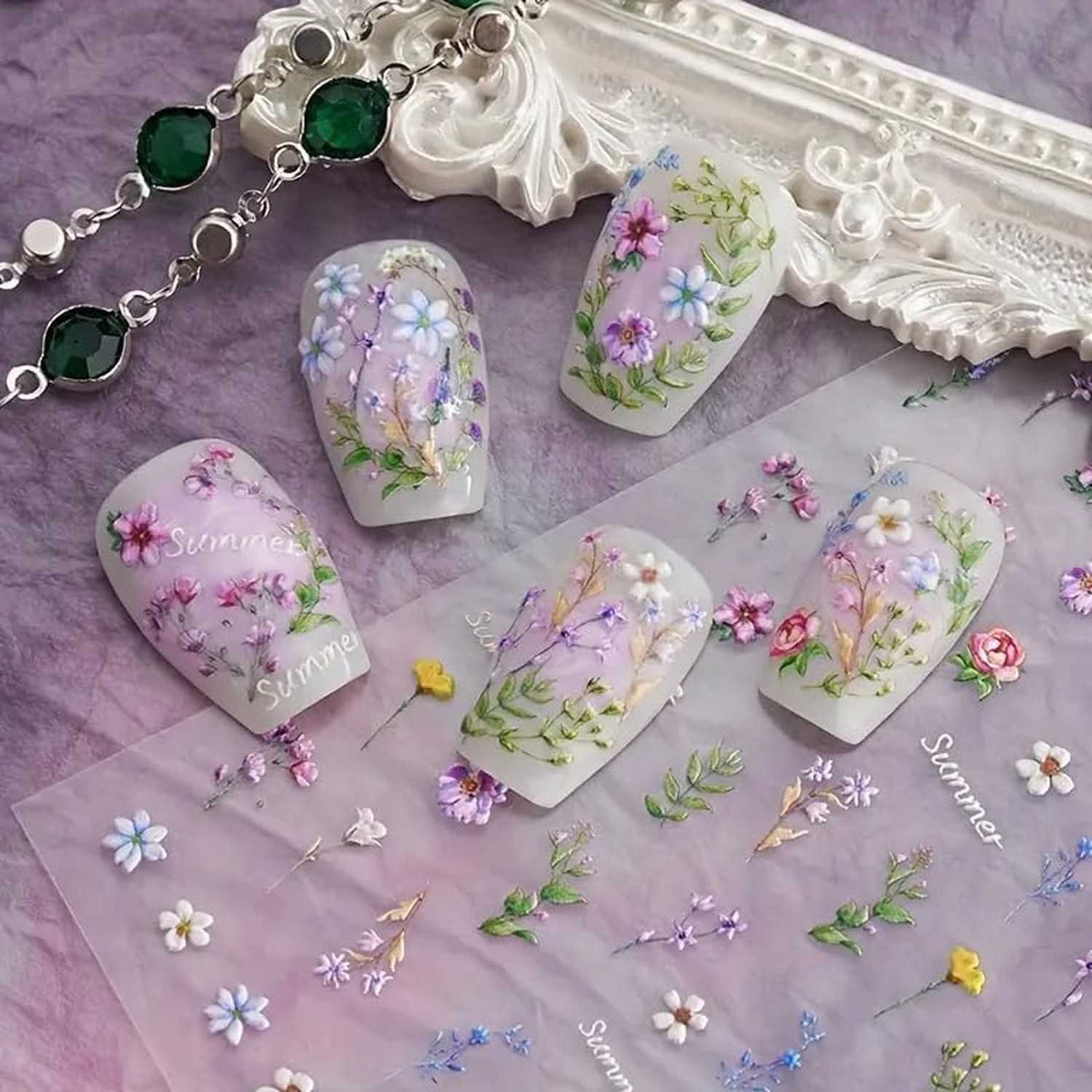 Flower Nail Stickers Summer Floral Leaf Plant 5D Embossed Nail Decals Spring …