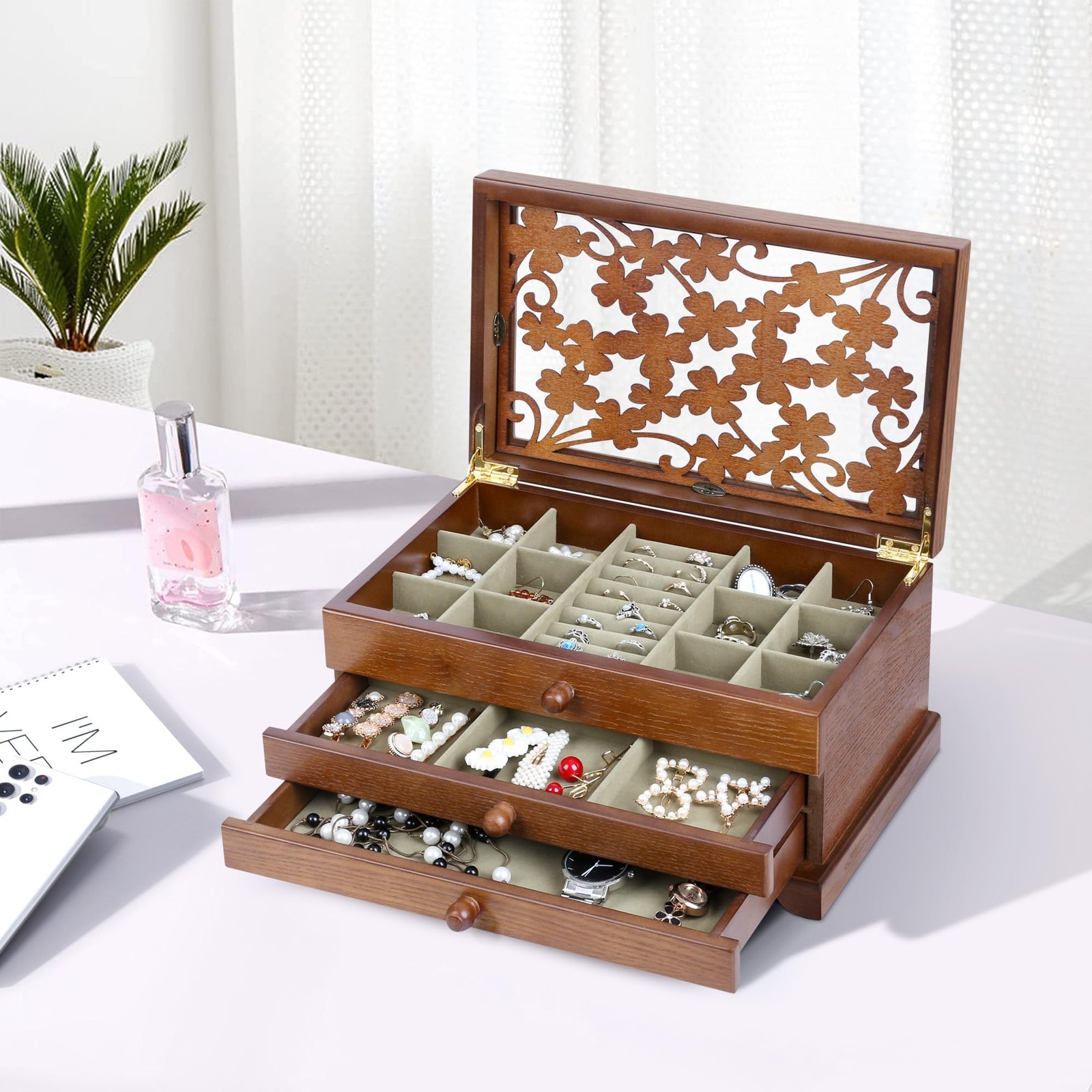 Kendal Wooden Jewelry Box for Women, Real 3 Layer with Green Lining