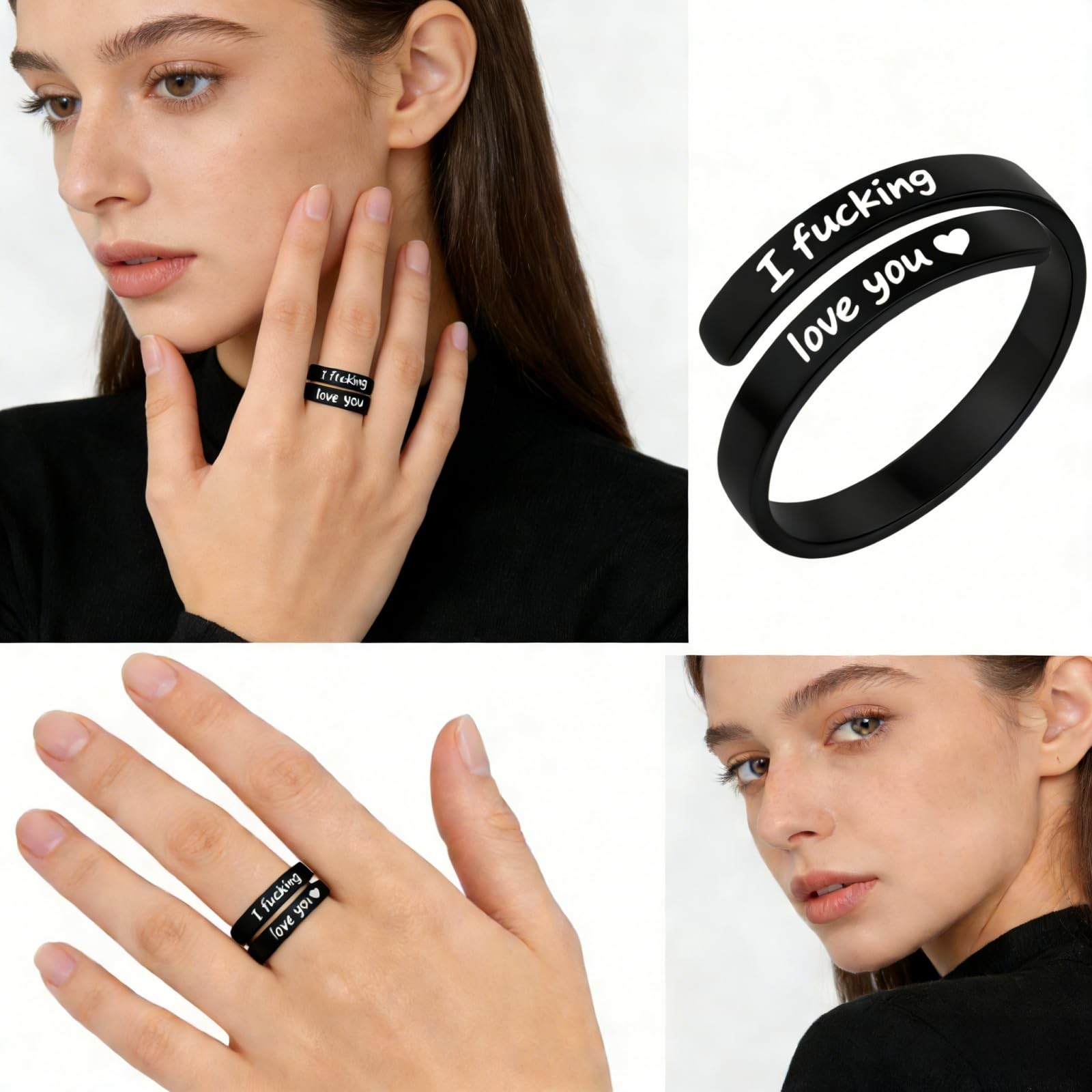 I Fcking Love You Ring, Stainless Steel Engraved Inspirational Words Heart Ope