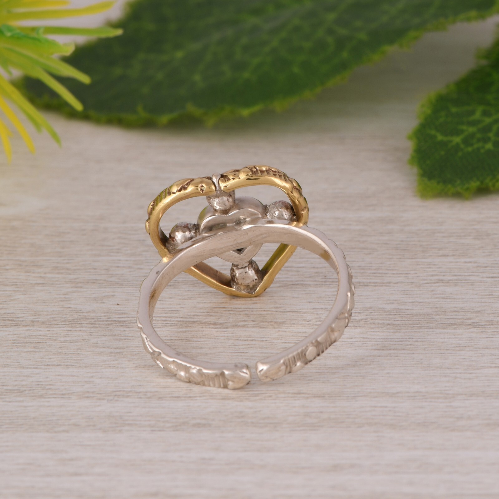 Heart Shape Pattern 925 Silver & Gold Adjustable Ring Jewelry With Labradorite