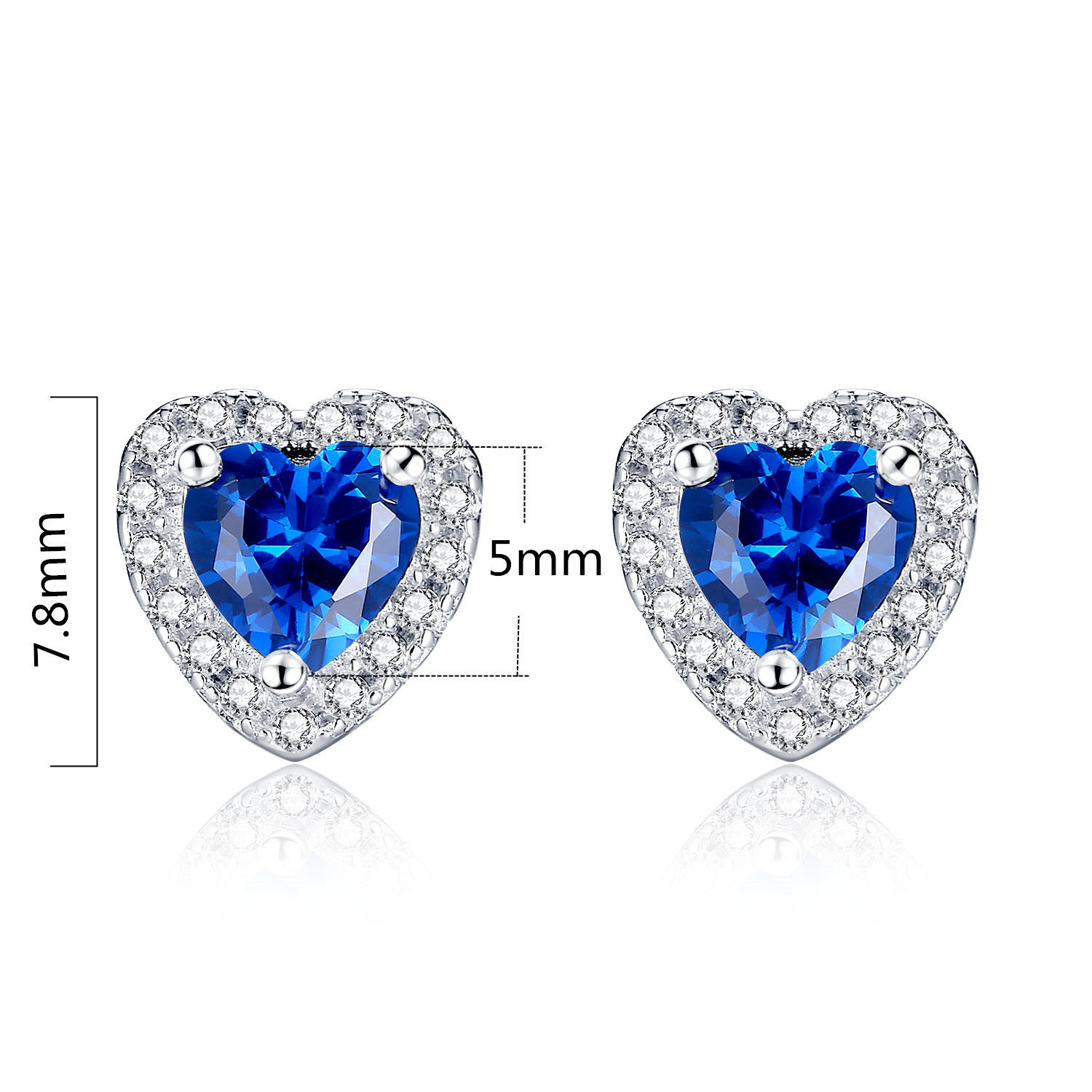 Solid Sterling Silver Simulated Blue Sapphire Heart Shaped Stud Earrings