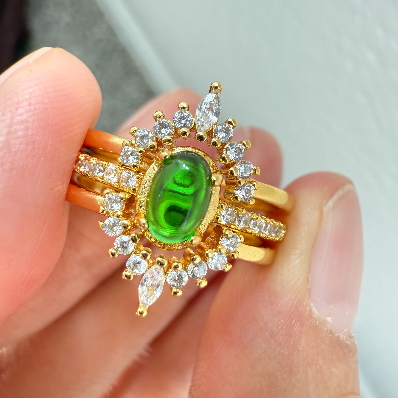 925 Sterling Silver Ring 3in1 6x4mm Green Natural Emerald Gemstone Zircon Flower