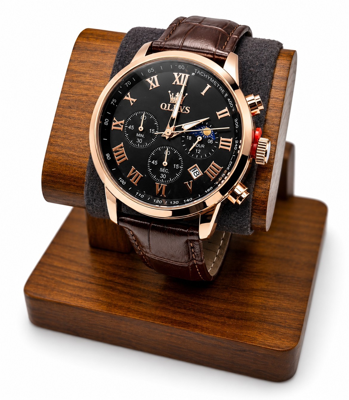 OLEVS 5529 Mens Quartz Chronograph Watch Black Dial Rose Gold Tone Brown Leather