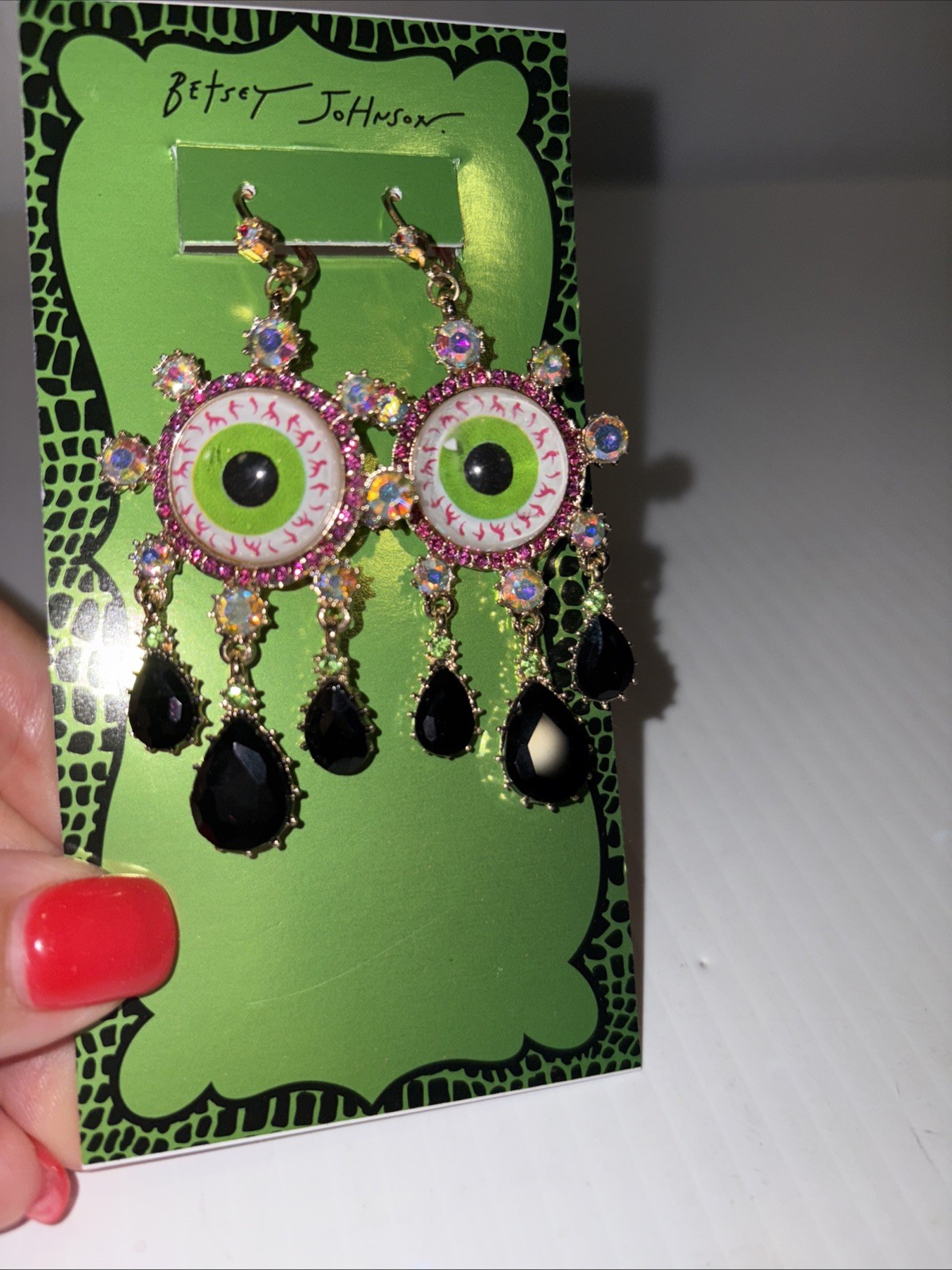 BETSEY JOHNSON DANGLE DROP EYEBALLS EARRINGS W BLACK CRYSTAL TEARS MULTI COLOR