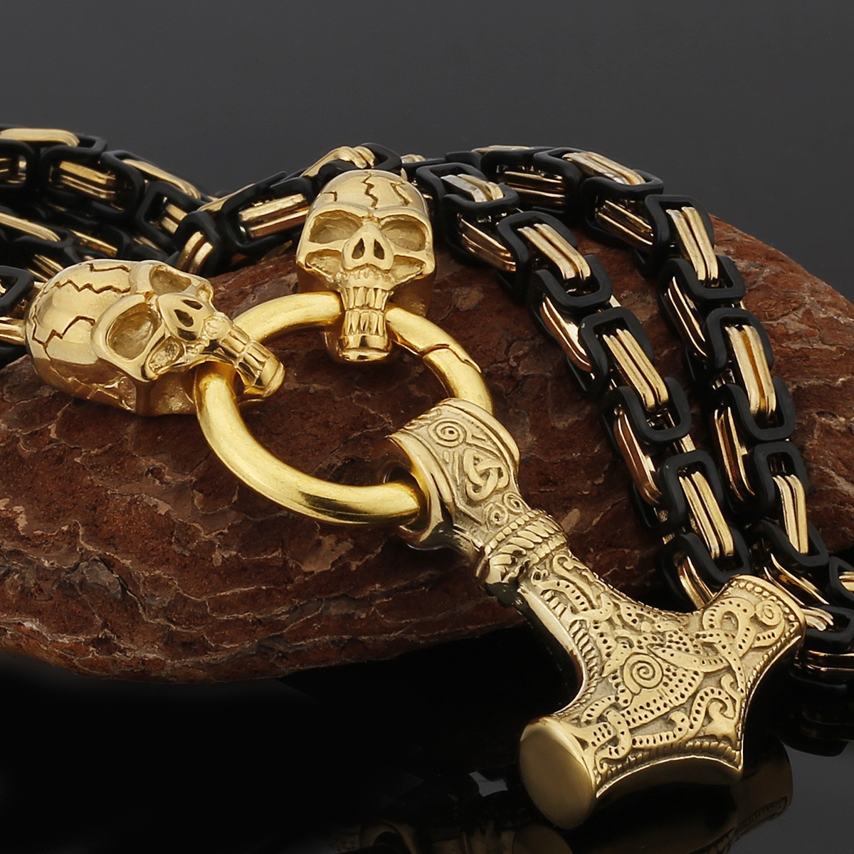 Nordic Viking Skull Thor’s Hammer Titanium Steel Necklace Pendant