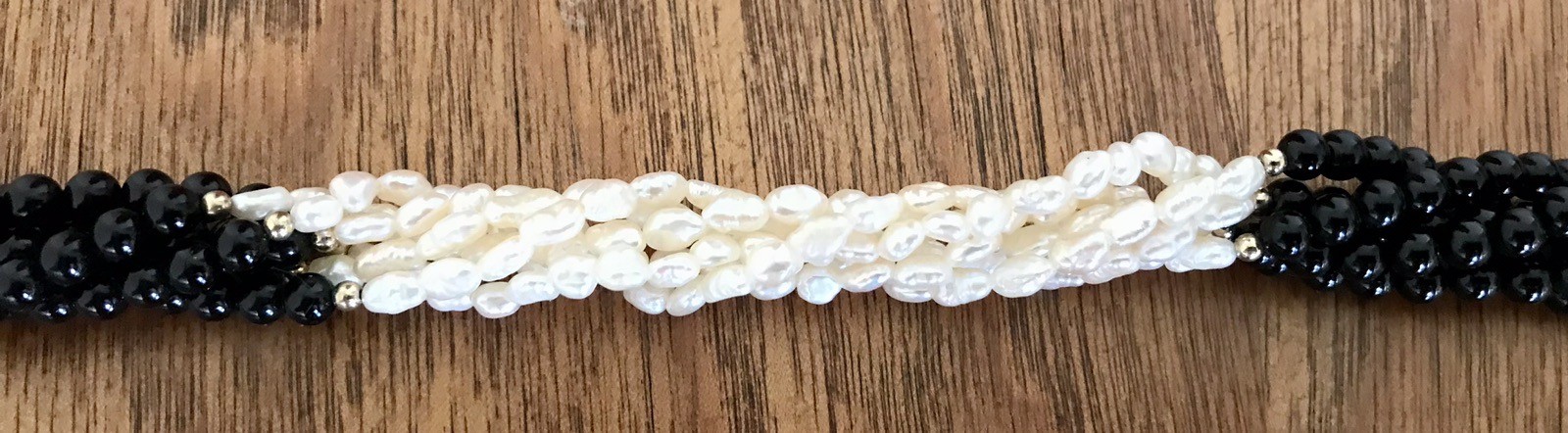 Vintage Freshwater Pearl Onyx Gold 6-Strand Necklace Choker 19″