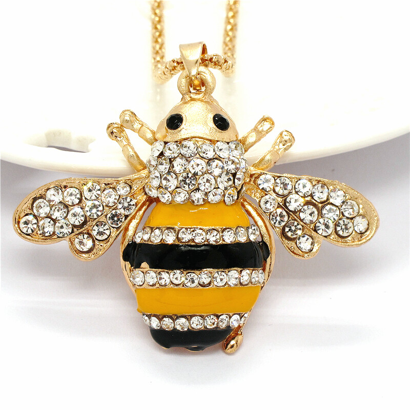Fashion Women Yellow Enamel Cute Bee Honey Crystal Pendant Chain Necklace