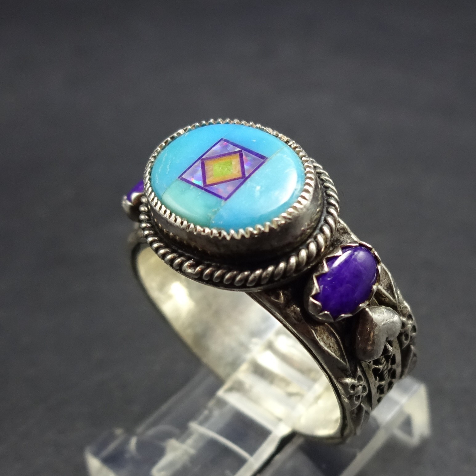Vintage ALDRICH ART Ring TURQUOISE Sugilite Opal Inlay sz 6.75 Very Fine Detail
