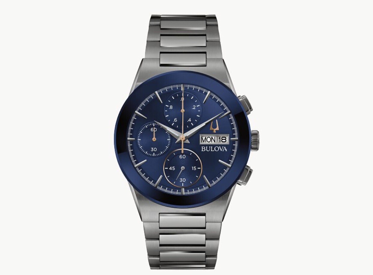 New Bulova Millennia Men’s Quartz Chronograph Day Date Blue-Gray Watch 98C143