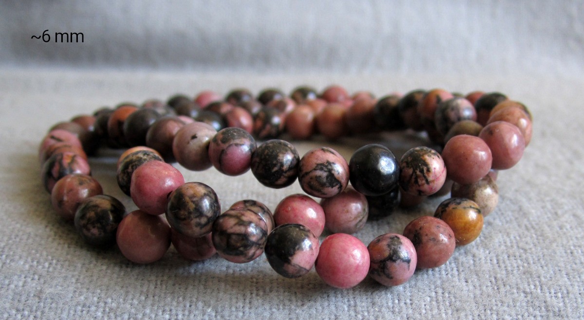 Rhodonite Bracelet • Balls Approx Ø 6mm / Approx 15-21cm • Elastic