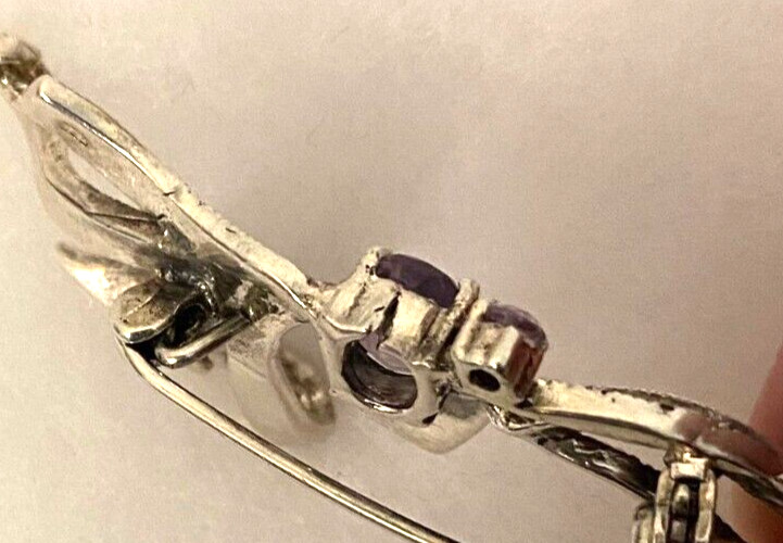 Sterling Marcasite and Amethyst Bow Pin Approx. 2 1/4 In. Wide – 9.0 Grams