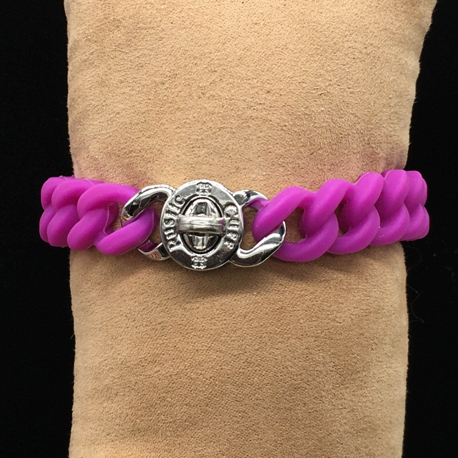 Rustic Cuff Silver Tone Turn Lock Fuchsia Silicone Stretch Mock Chain Bracelet