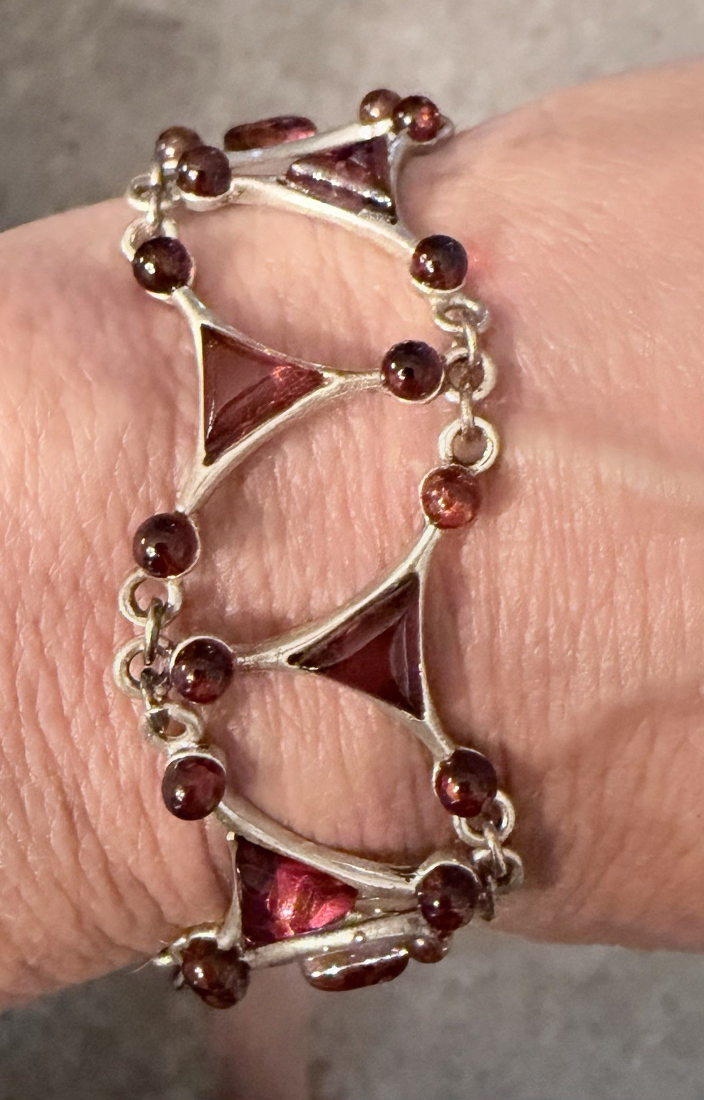 Vtg Sterling Silver Burgundy Bib Triangular 925 Necklace, Bracelet Earrings Set