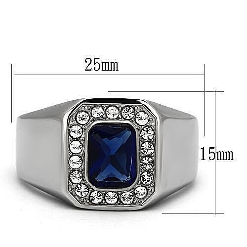 Stainless Steel Dark Blue Created Sapphire CZ Emerald Cut Rectangle Men’s Ring