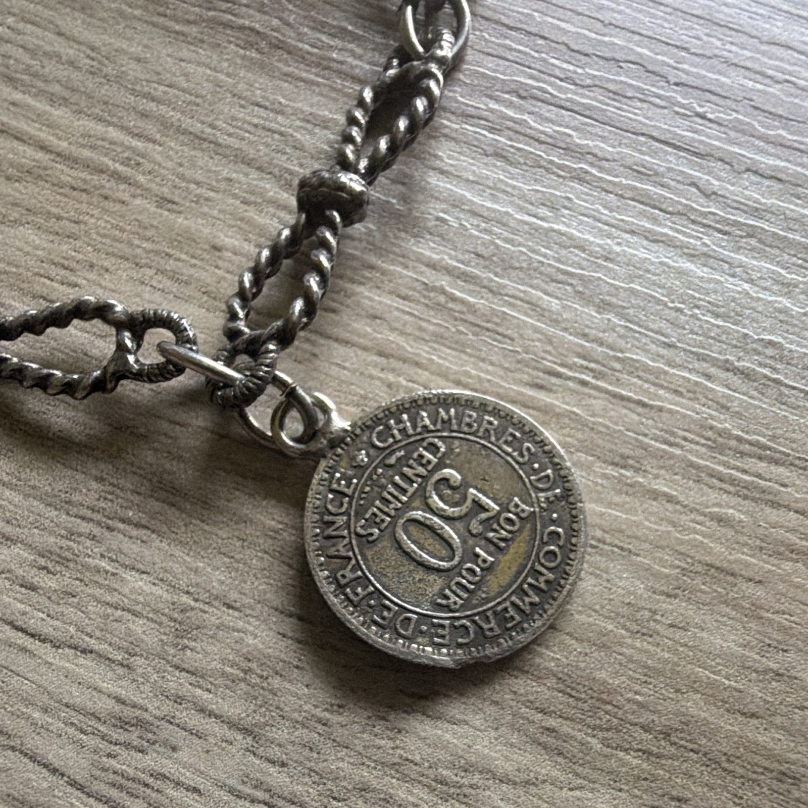 Silver Tone Rope Chain Coin Dangle Charm Bracelet, France Coin Type Charms