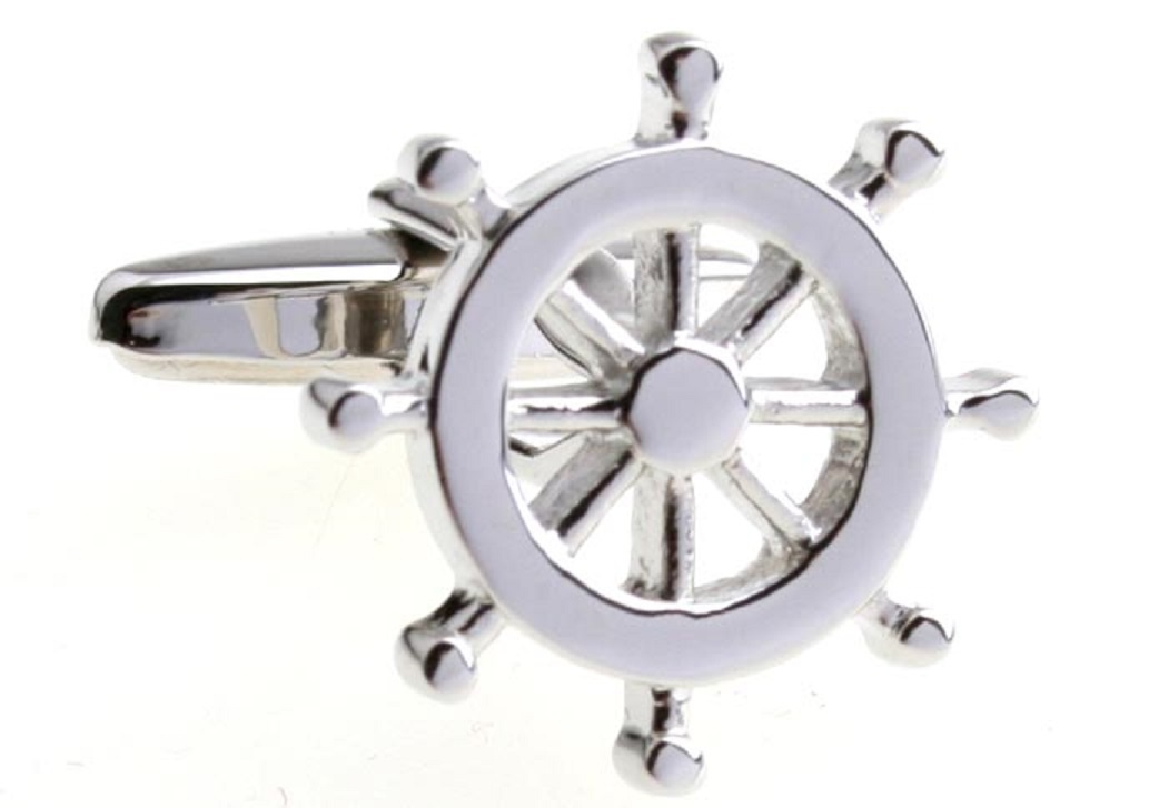 Ship Wheel Pair Cufflinks Silver Yacht Wedding Fancy Gift Box & Polishing Cloth