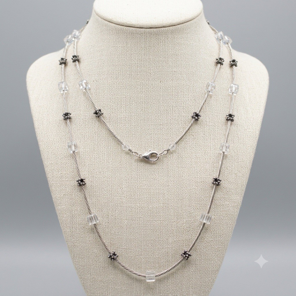 Necklace Liquid Silver Twisted Cable Wire Clear Crystal Cube Beads Vintage