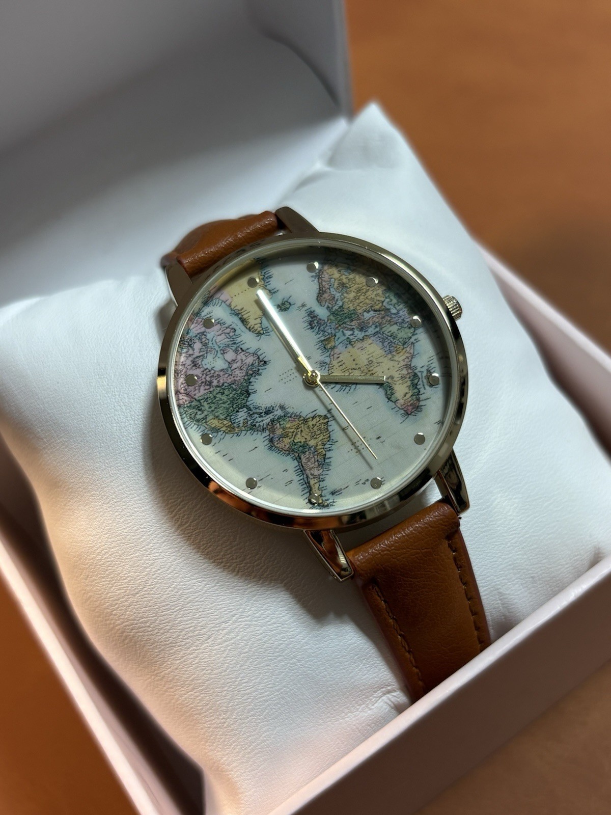 World Map Francescas Women’s Quartz Watch Gold Tone Ladies Leather Band,Box