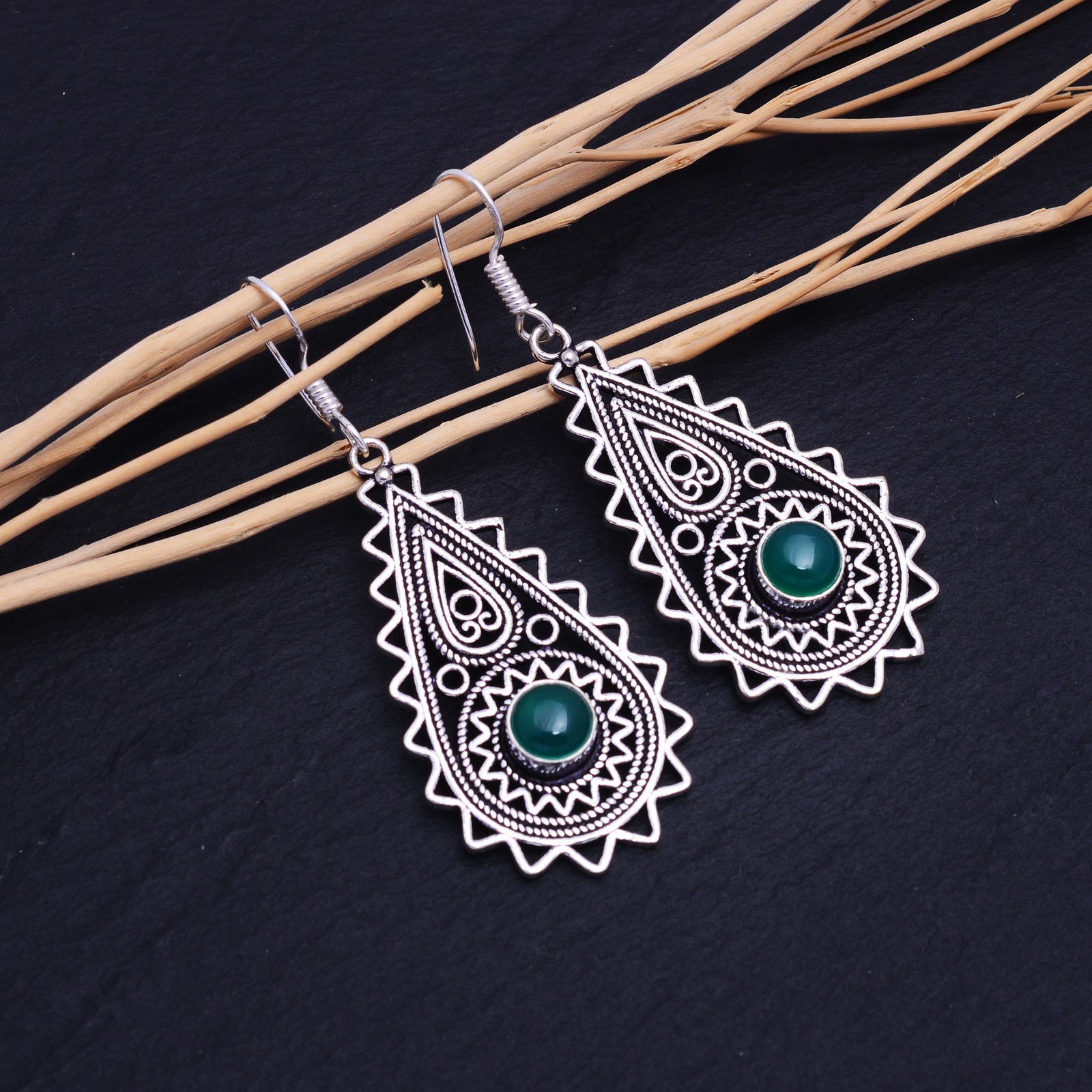 Natural Green Onyx Gemstone Handmade 925 Sterling Silver Earring 2.30″ o056