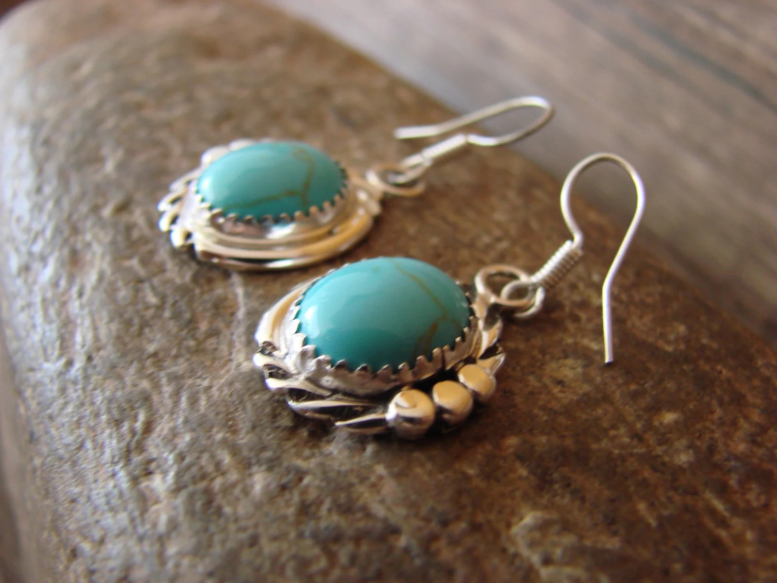 Navajo Indian Sterling Silver & Turquoise Dangle Earrings by Delores Cadman