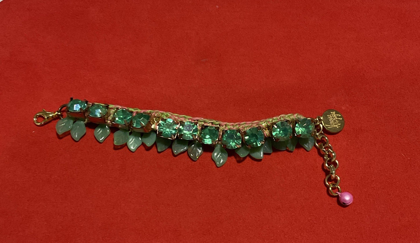 Venessa Arizaga Handcrafted Crochet Bracelet Faceted Green Crystals Leaf Charms