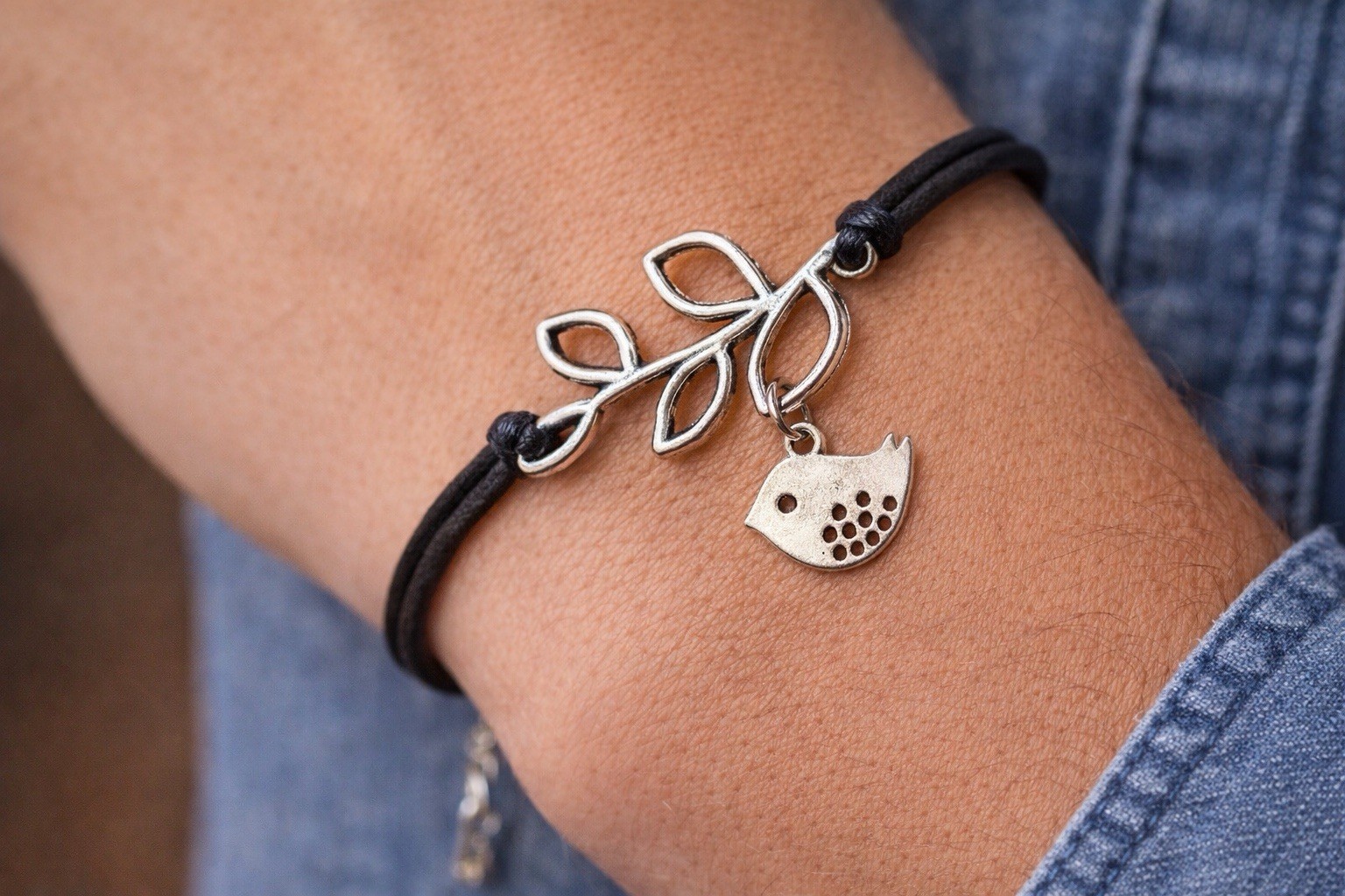 Bird Charm Bracelet Genuine Leather Black Cord Silver Leaf Branch Adjustable 7-9