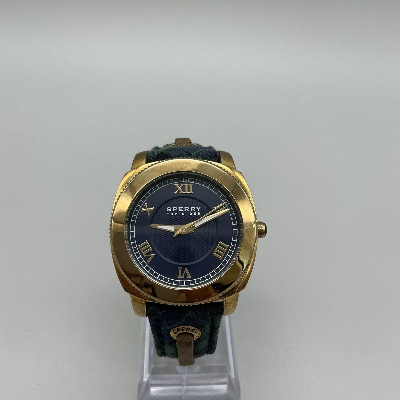 Sperry Top-Sider Mens Watch 38mm Blue Dial Gold Tone Plaid Strap New Battery