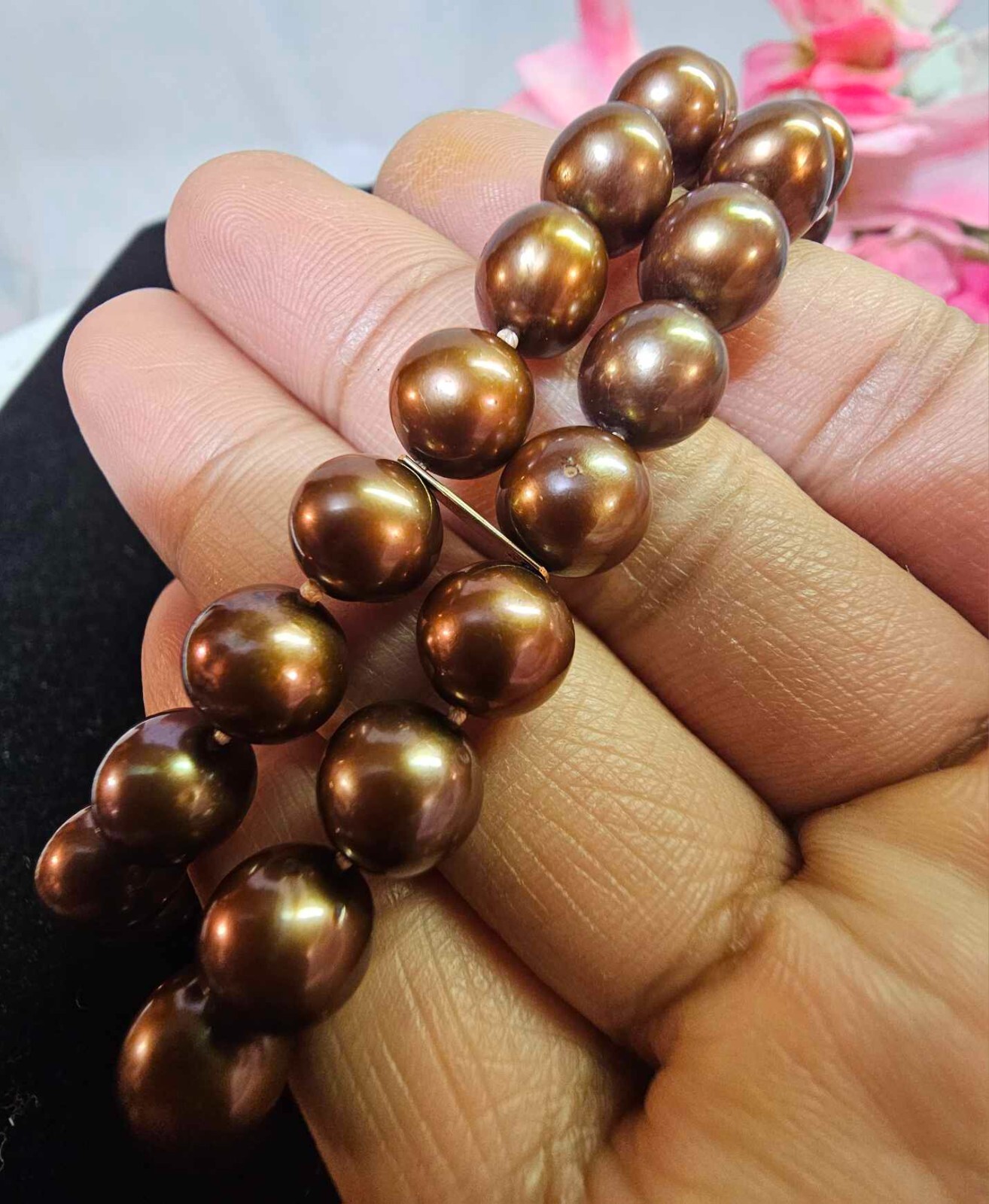 Marked 14K Flower Clasp Double Strand Bracelet w/ Brown Pearl 8.25in”- S37