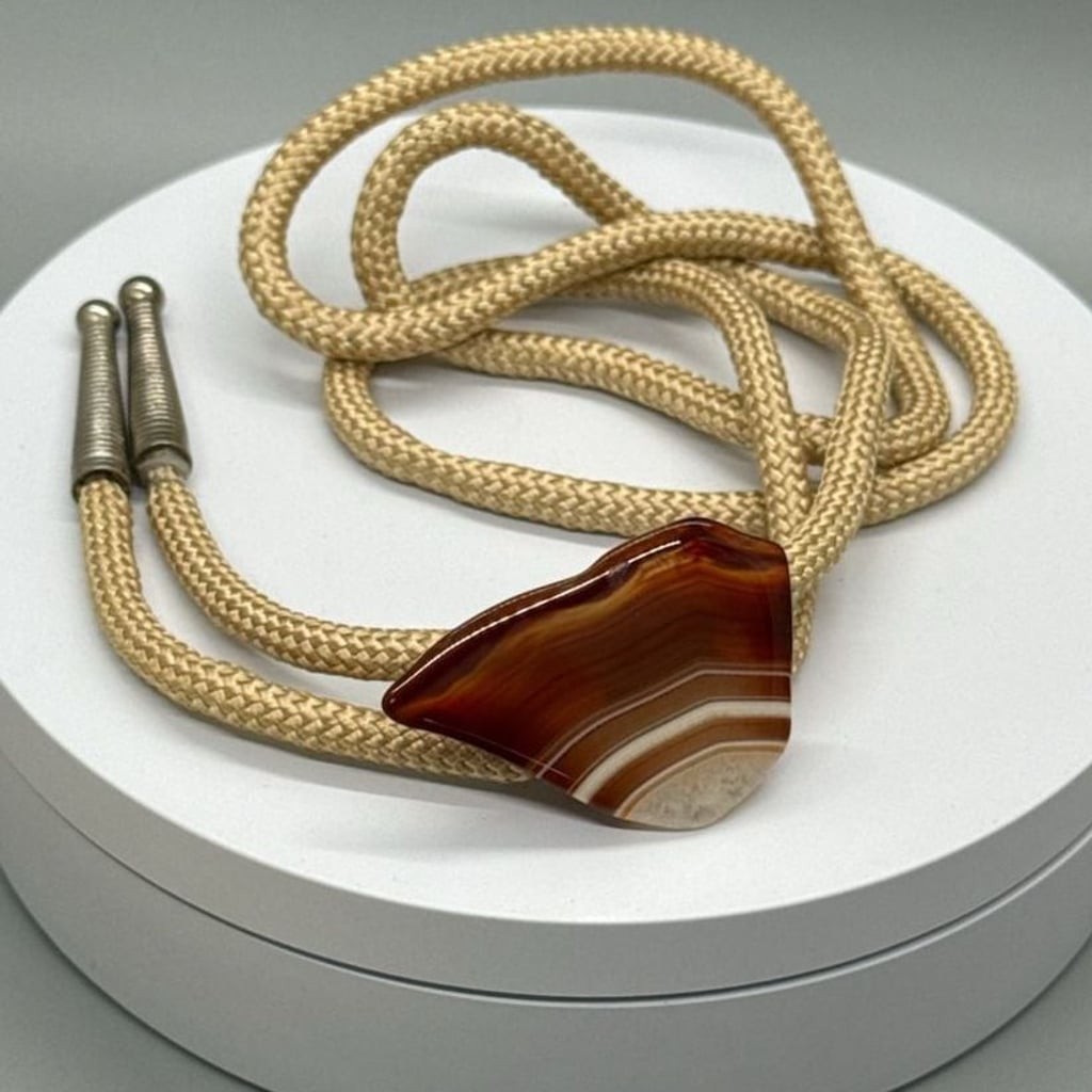 Western Polished Agate Stone Bolo Tie Tan Braided Cord Southwestern Style Vtg