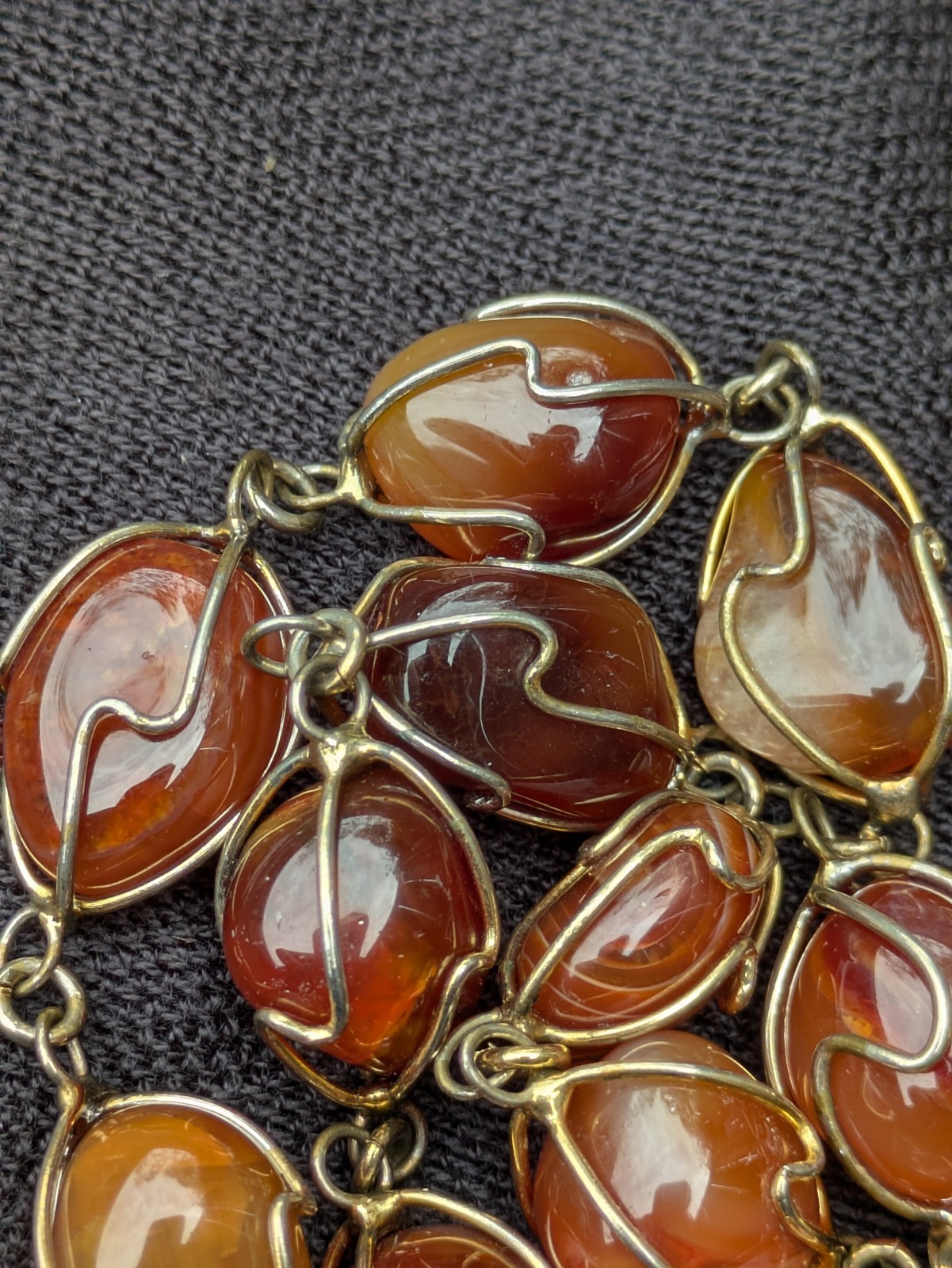 Wire Wrapped Tumbled Banded Agate 32.5″ Necklace ~ Red Orange Brown Gemstone F19
