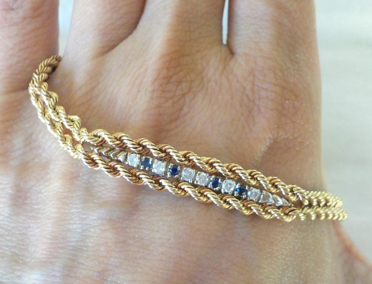 Solid 14K Yellow Gold Double Rope Sapphire Diamond Bracelet – 11.32 gms, 7.2 in