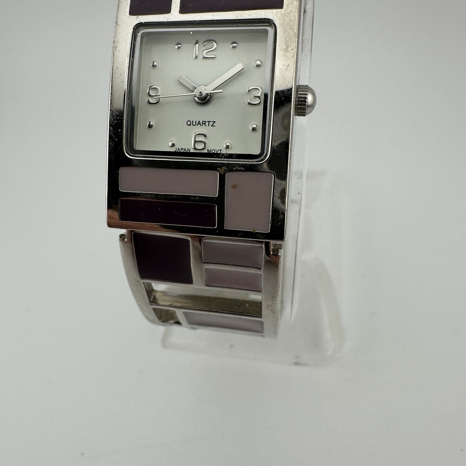 Avon Shades of Violet Silver Tone Cuff Watch with Purple Shades, Has New Battery