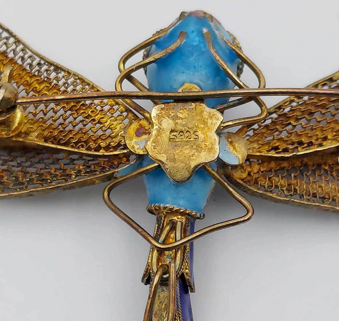Vtg Chinese Export Silver Filigree Enamel Dragonfly Brooch Pin Turquoise Eyes