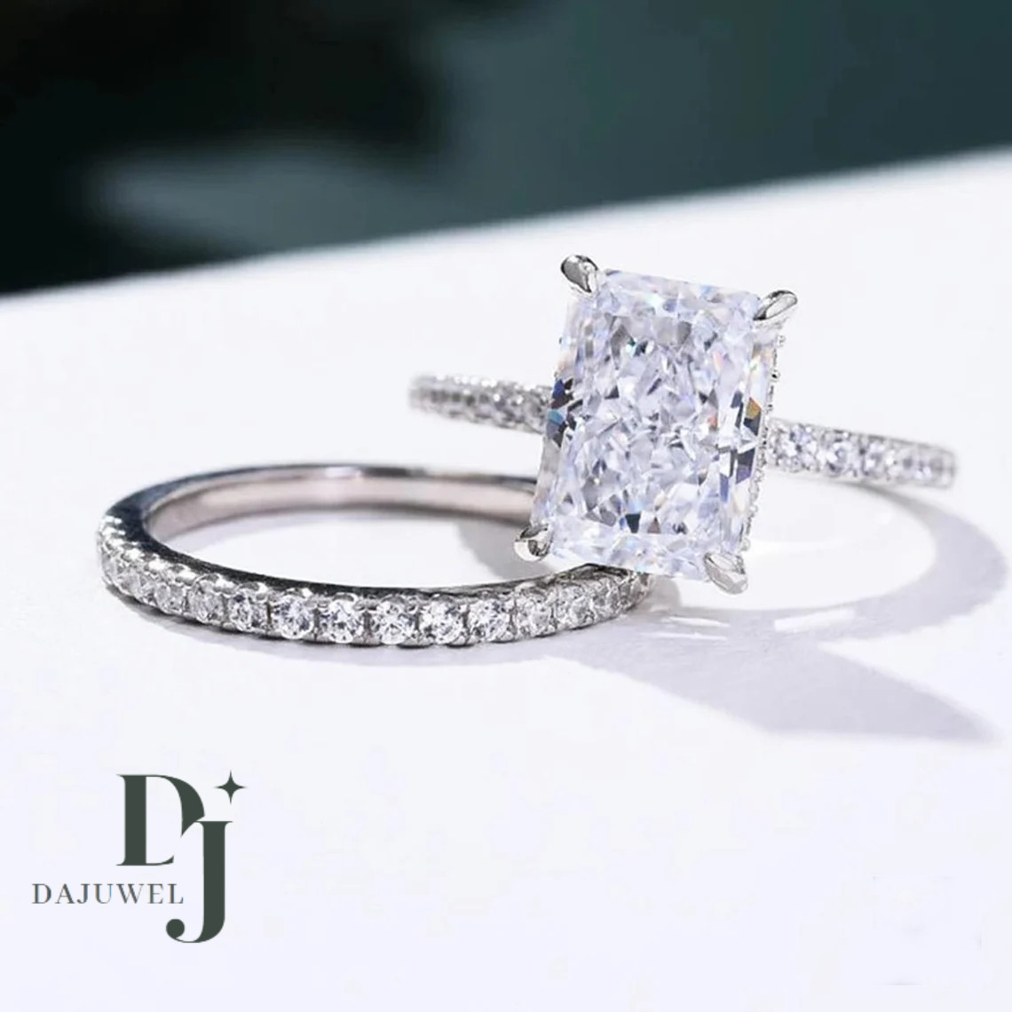 Bridal Set Moissanite Engagement Ring Solid 14K White Gold 3 Carat Radiant Cut
