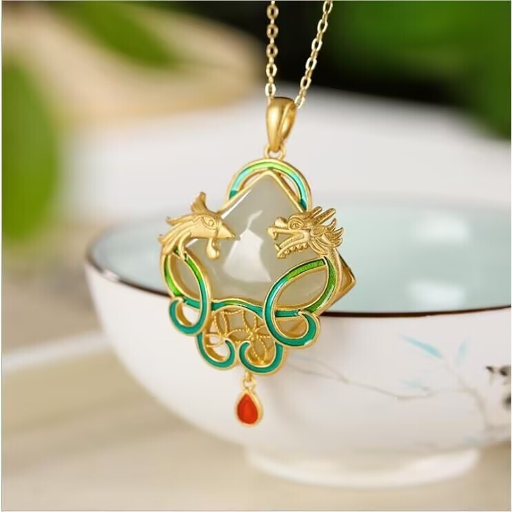 Jade Dragon Phoenix Shape Pendant Jewelry 18K Gold Plated Necklace 450mm Gift US