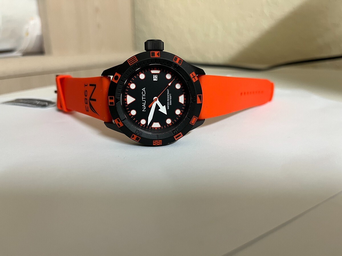 Nautica NAD10077G NSR 100 Flag Watch Silicone Orange Logo Band