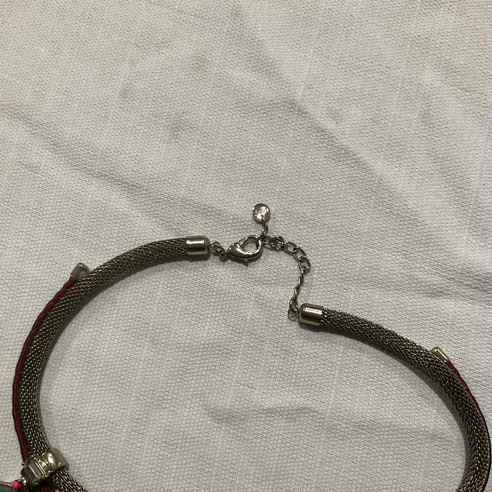 Silver Tone Multi-Strand Mesh Collar Necklace Gray Square Stones Red Cord
