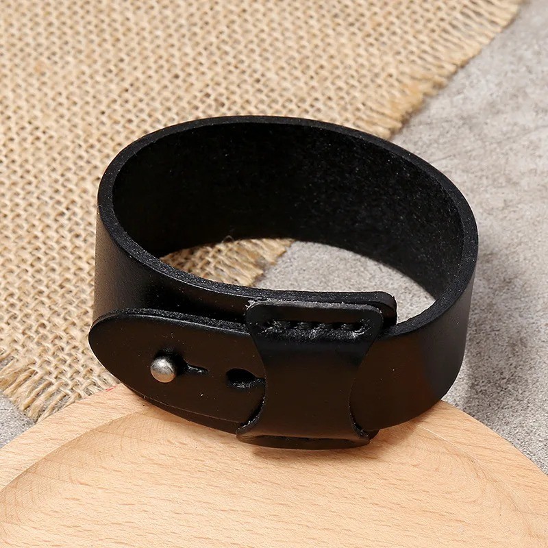 VOQ Punk Geometric Design Black with Brown Genuine Leather Wristband Cuff.