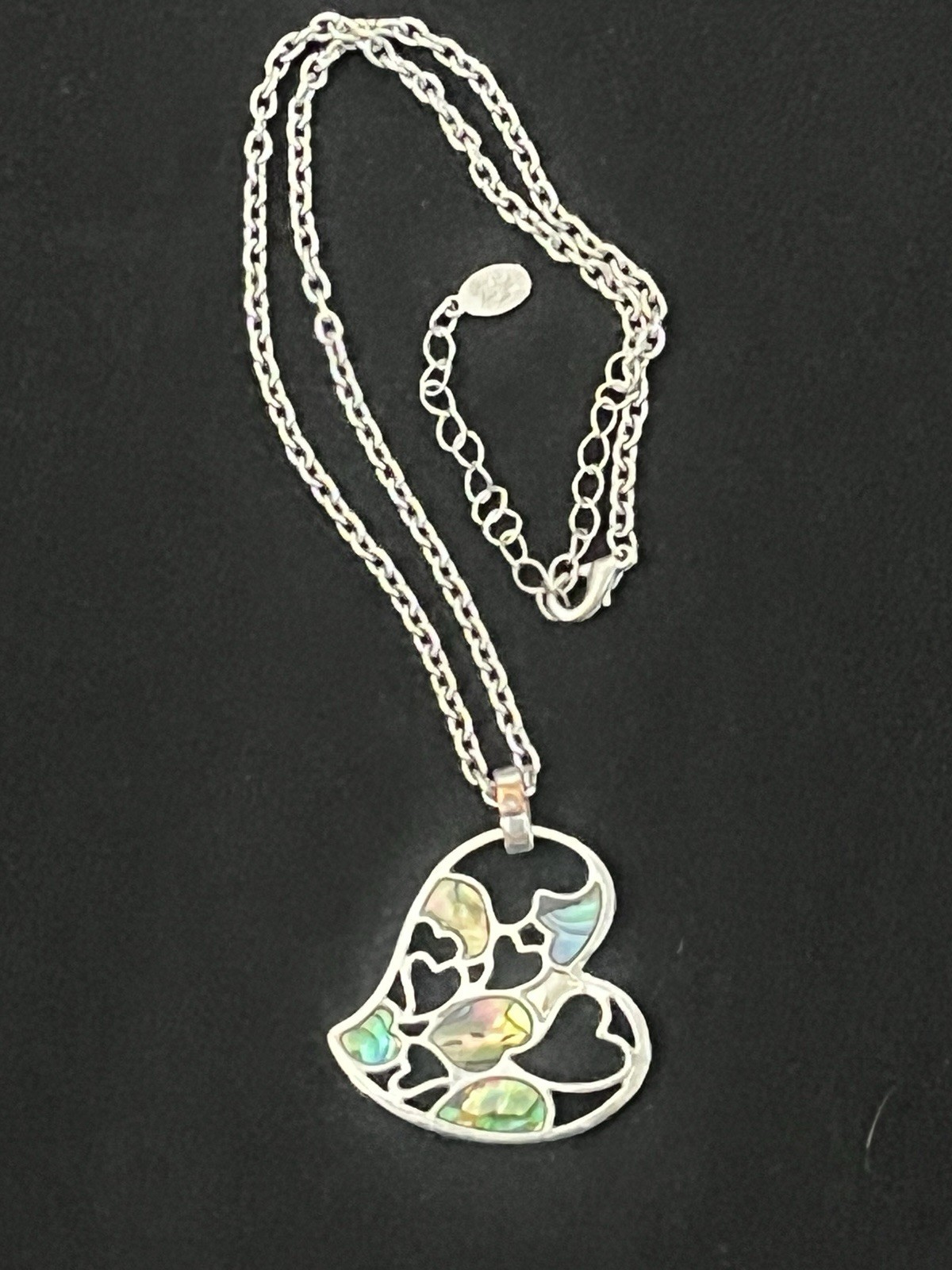 Abalone Shell Heart Pendant Necklace & Earrings Set Silver Tone Filigree 15–19”