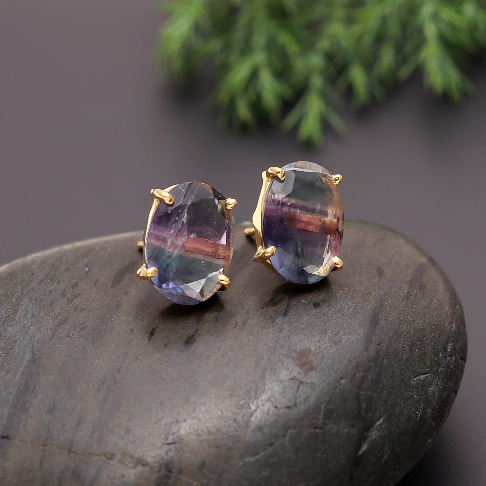 Natural Fluorite Oval Stud Earrings Gold Plated Solid Silver Designer Jewelry