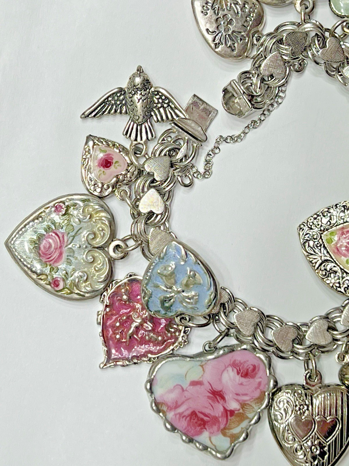 Vintage Puffy Hearts Charm Bracelet Sterling Silver Estate Pink Heart Charms US