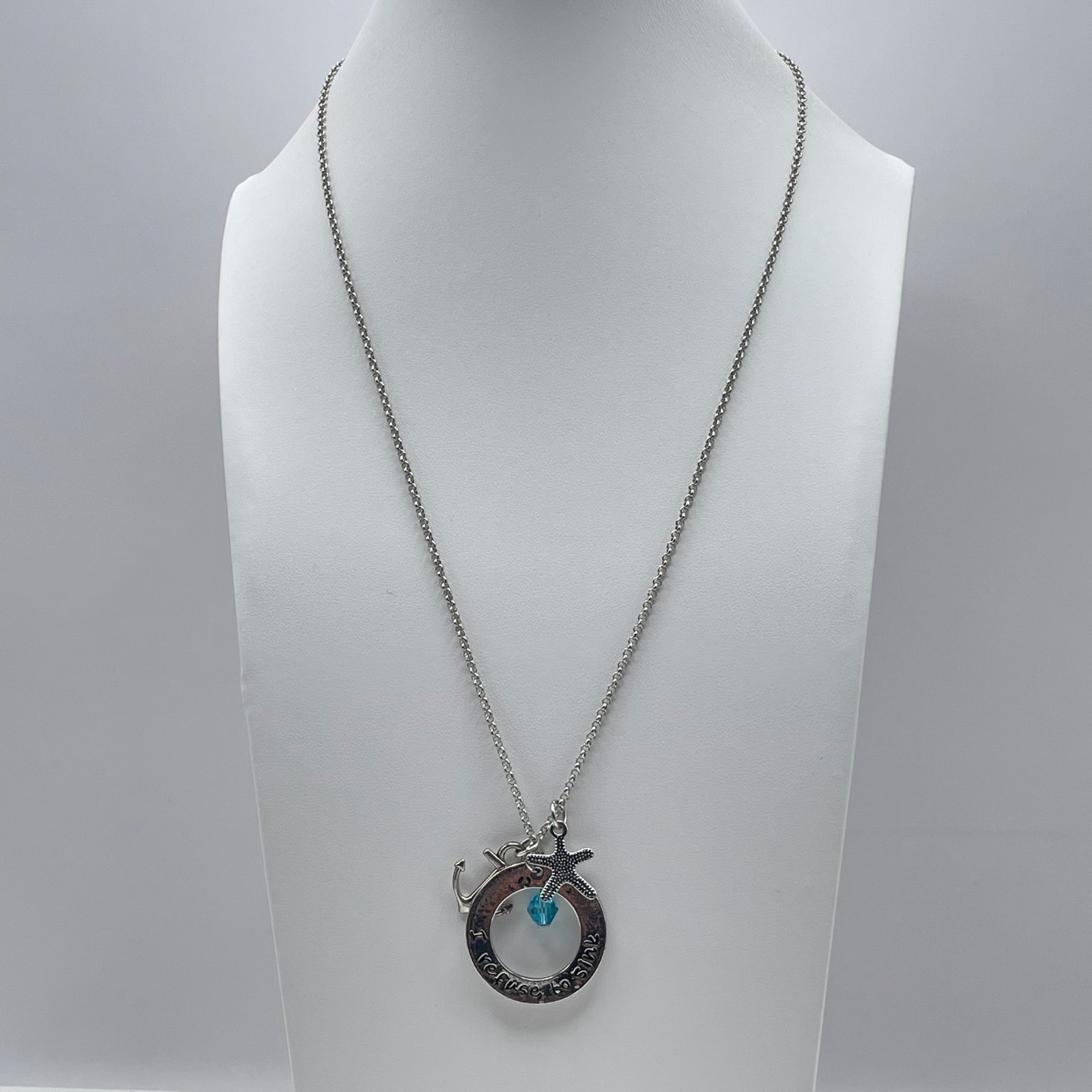 Vintage Y2K Silver Tone I Refuse to Sink Anchor Starfish Teal Crystal Necklace
