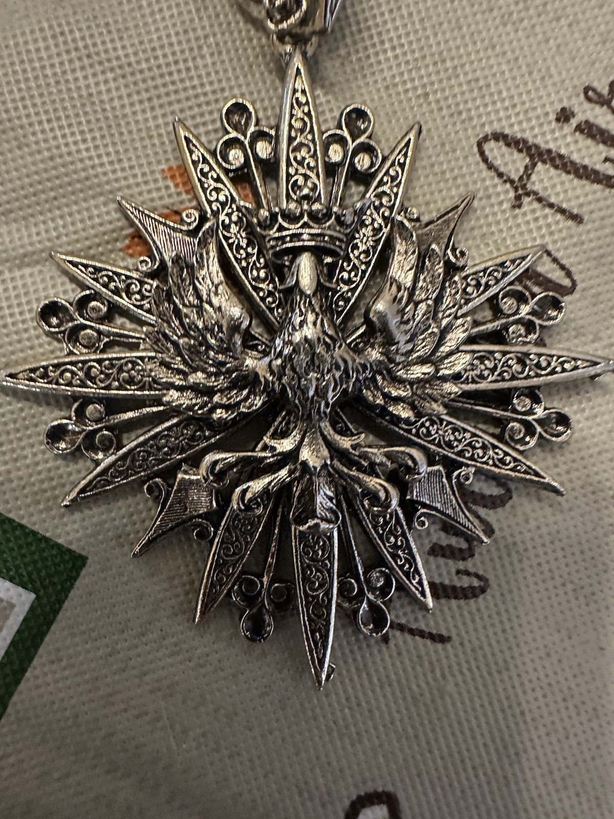 ART Vintage Silvertone Necklace Heraldic Eagle & Crown Pendant 3 Strand Chain